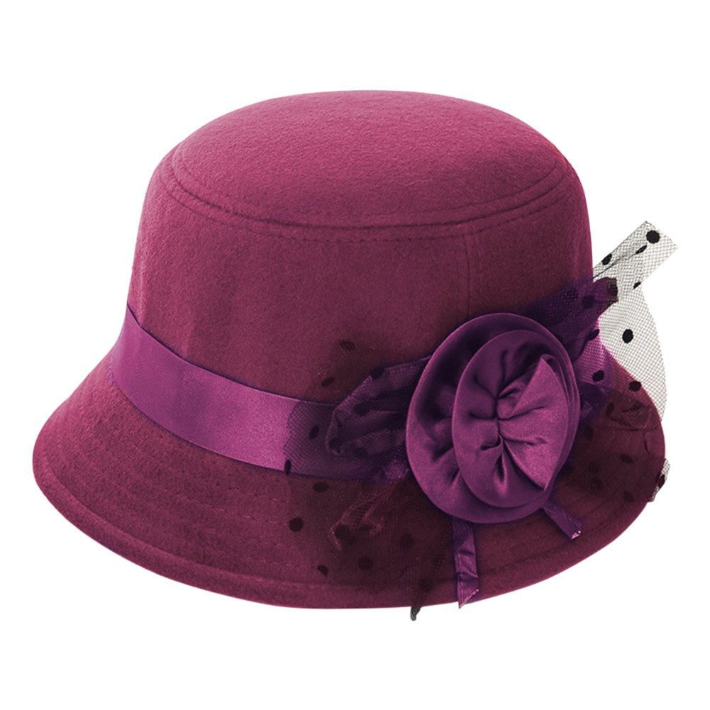 Sombrero Fedora Vintage de lana de imitación para mujer, gorra de cubo cálida, , con lazo, dg88: wine red