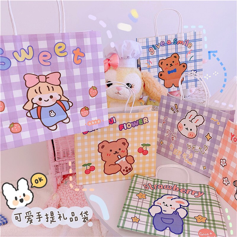 3pcs/lot Grid girl Bags Kraft Packaging Handle Paper Storage Bag for Wedding Candy Favor Bag With Handle Bag