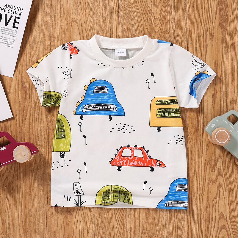 Ademende Zomer Kleine Jongens T-shirt, Creatieve Cartoon Auto Afdrukken Korte Mouw Ronde Kraag Top Kinderen Casual Kleding: 100