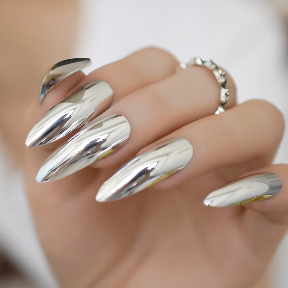 extra Lange Stilett Spiegel Falsche NäGel Silber SchöNe bilden Presse Auf NäGel Farbige Künstliche Nagel Tipps 24 Ct