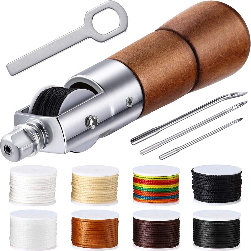 Leather Sewing Awl Hand Stitcher, Needles and Replacement Spools of Thread, Stitching Awl Tool Kit for Leather Fabric Supplies
