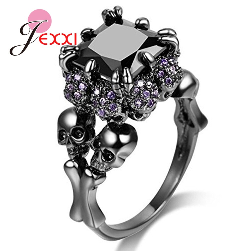 Statement Gothic Black Gun 925 Sterling Silver Retro Skull Rings for Women Shiny CZ Crystal Prong Set Halloween Party Jewelry: 5 / Model 02
