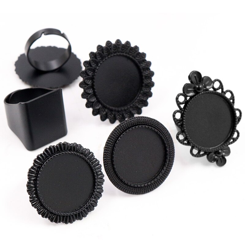 20 millimetri 5pcs Nero Placcato 5 Stile Regolabile Impostazioni Anello In Bianco/Base, fit 20 millimetri di Vetro Cabochons, Bottoni; Anello di Cornici