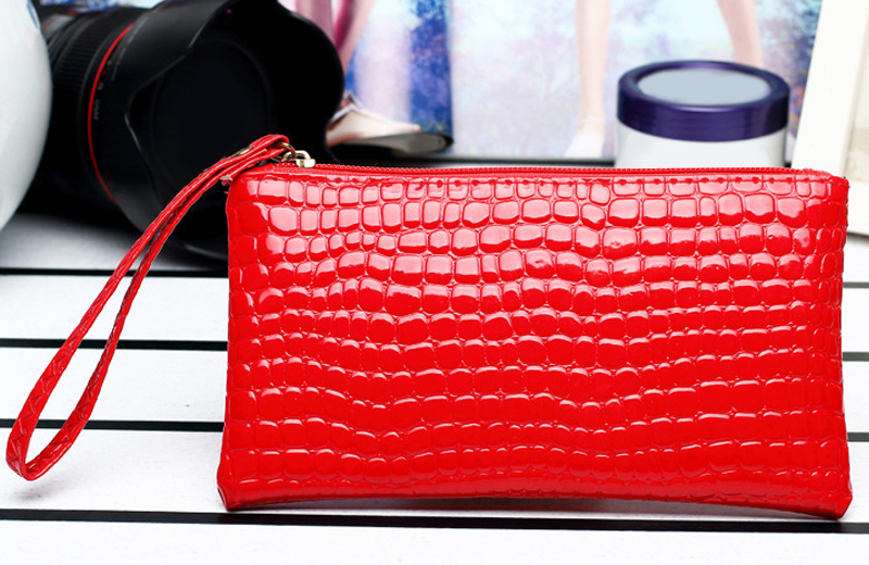 Kvindelig pu møntpung krokodille mønster kobling taske tegnebog med lynlås mobiltelefon håndtaske enkel solid for kvinder: Rød