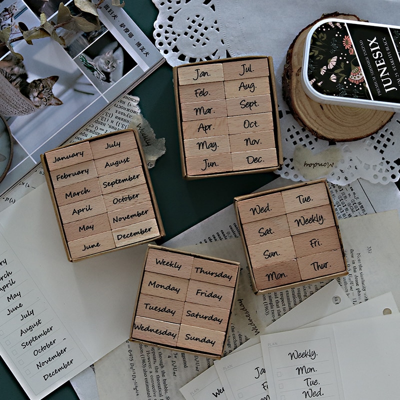 Dag måned arabiske numre træ stempel sæt hobby diy gummistempler håndværk 8 mønstre tilgængelige tegn bogstav