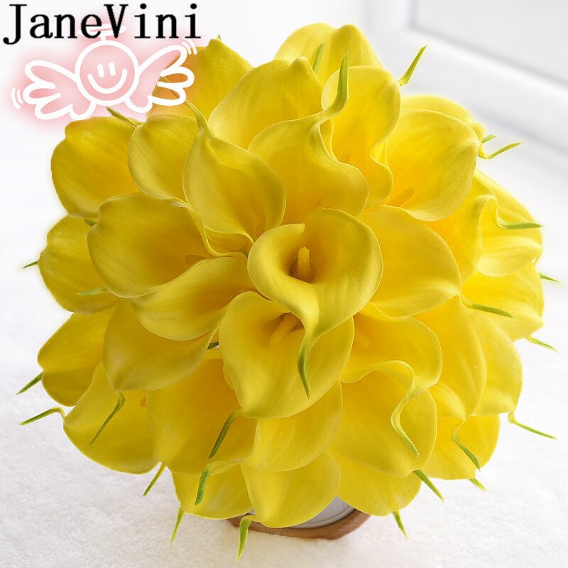 JaneVini Boho blanc Calla lys mariée Bouquet artificiel jaune soie demoiselle d'honneur Bouquets dentelle mariage mariée fleur Ramo Flores