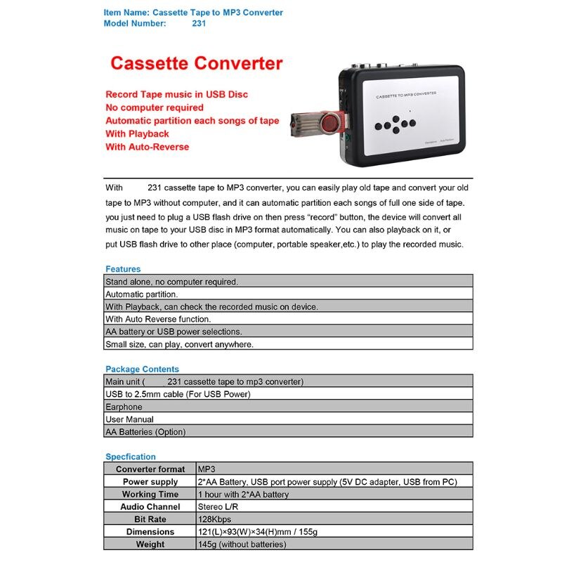 Reproductor de cinta de casete, convertidor Digital de grabación a MP3, captura de Cassette USB,