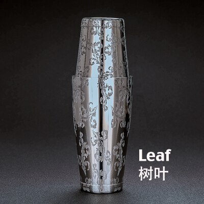 Cocktail Shaker Boston Shaker: 2-piece Set: 18.6oz weighted & 25oz Weighted Bartender Bar Tool: Leaf Etching