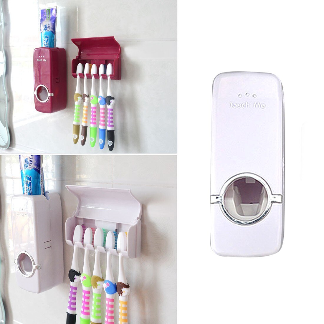 1 Set Tooth Brush Holder Automatic Toothpaste Dispenser + 5 Toothbrush Holder Toothbrush Wall Mount Stand Bathroom Tools