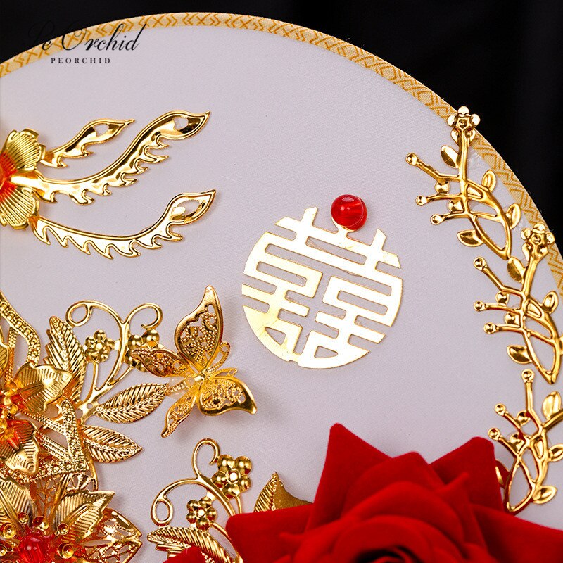 PEORCHID Gold Brooch Wedding flowers Bridal Bouquets Red Rose Chinese Style Flower Round Fan Bouquet Bridesmaid
