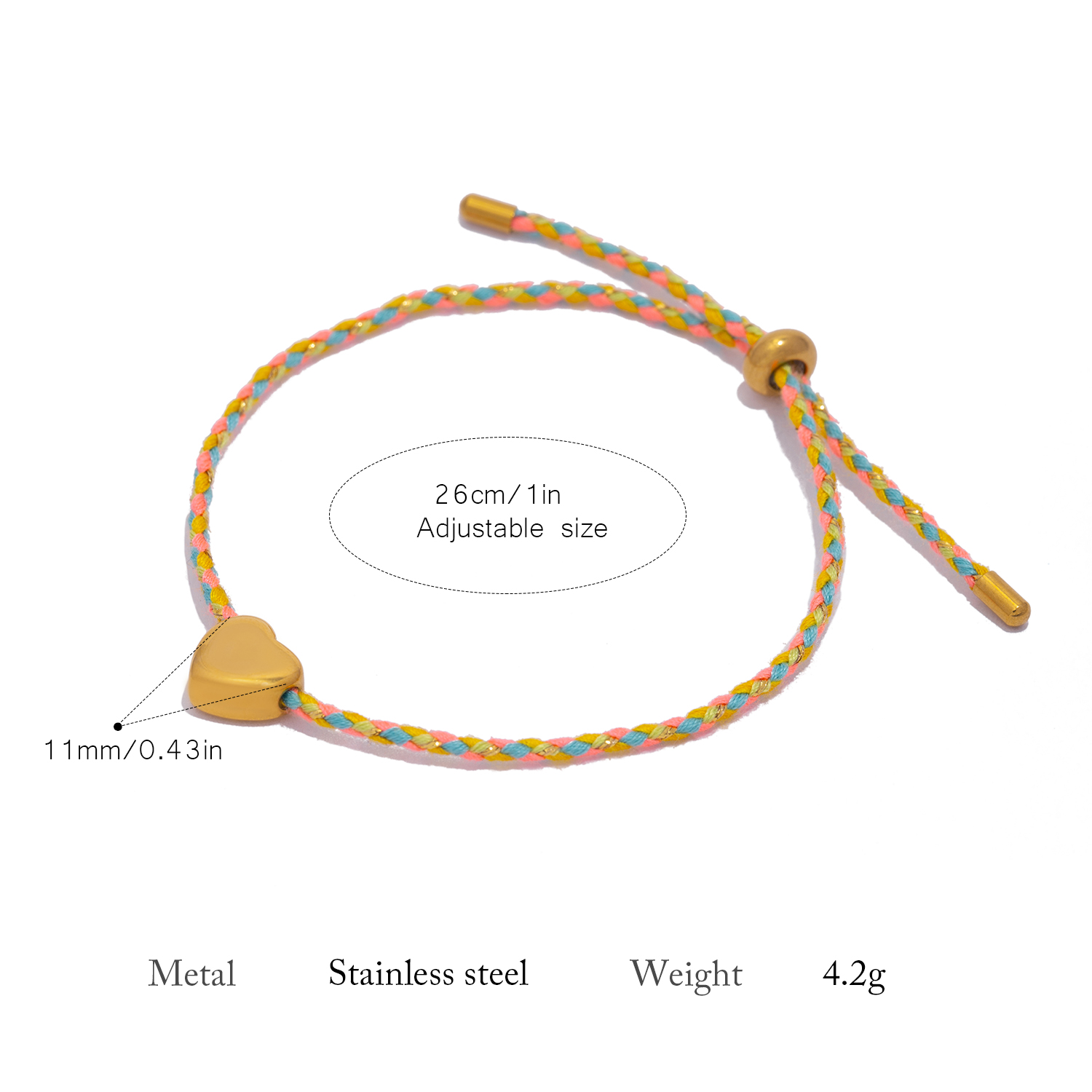 Pulsera de cuerda tejida colorida: dije en forma de corazón de acero inoxidable pulido chapado en oro de 18 quilates, joyería diaria minimalista para niñas