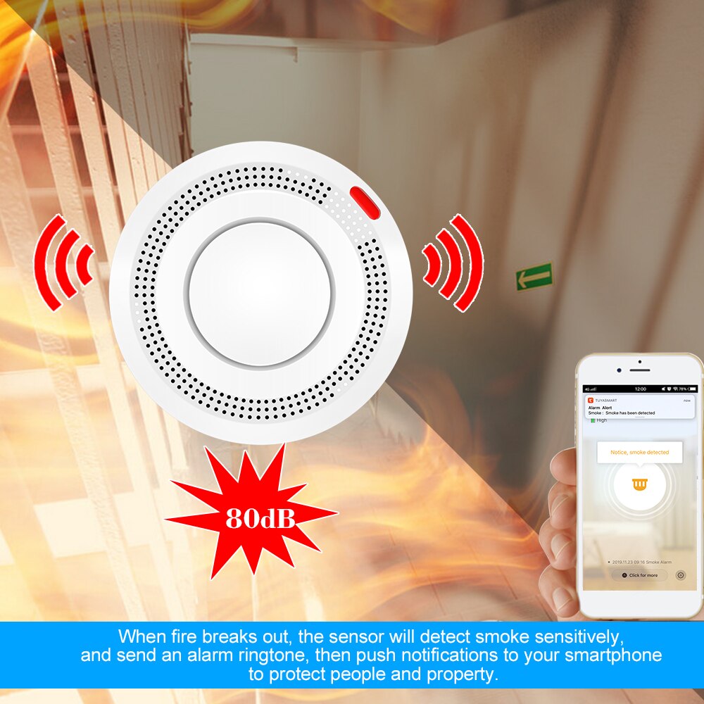 Wifi røykvarsler smart brannalarm sensor trådløst sikkerhetssystem smart liv tuya app kontroll smart hjem til hotell/fabrikk