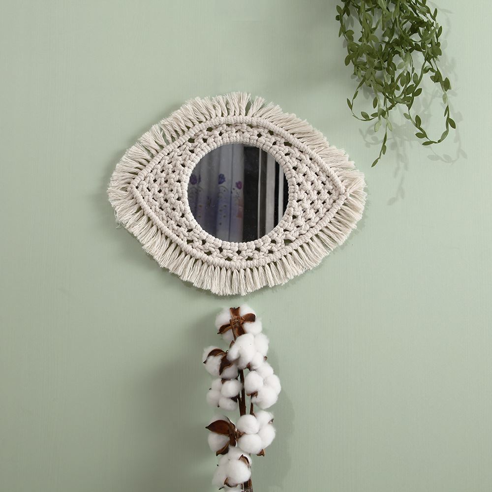Miroir mural suspendu en corde de coton, fait à la main, miroir de maquillage Boho pour salon, décoration de salle de bains