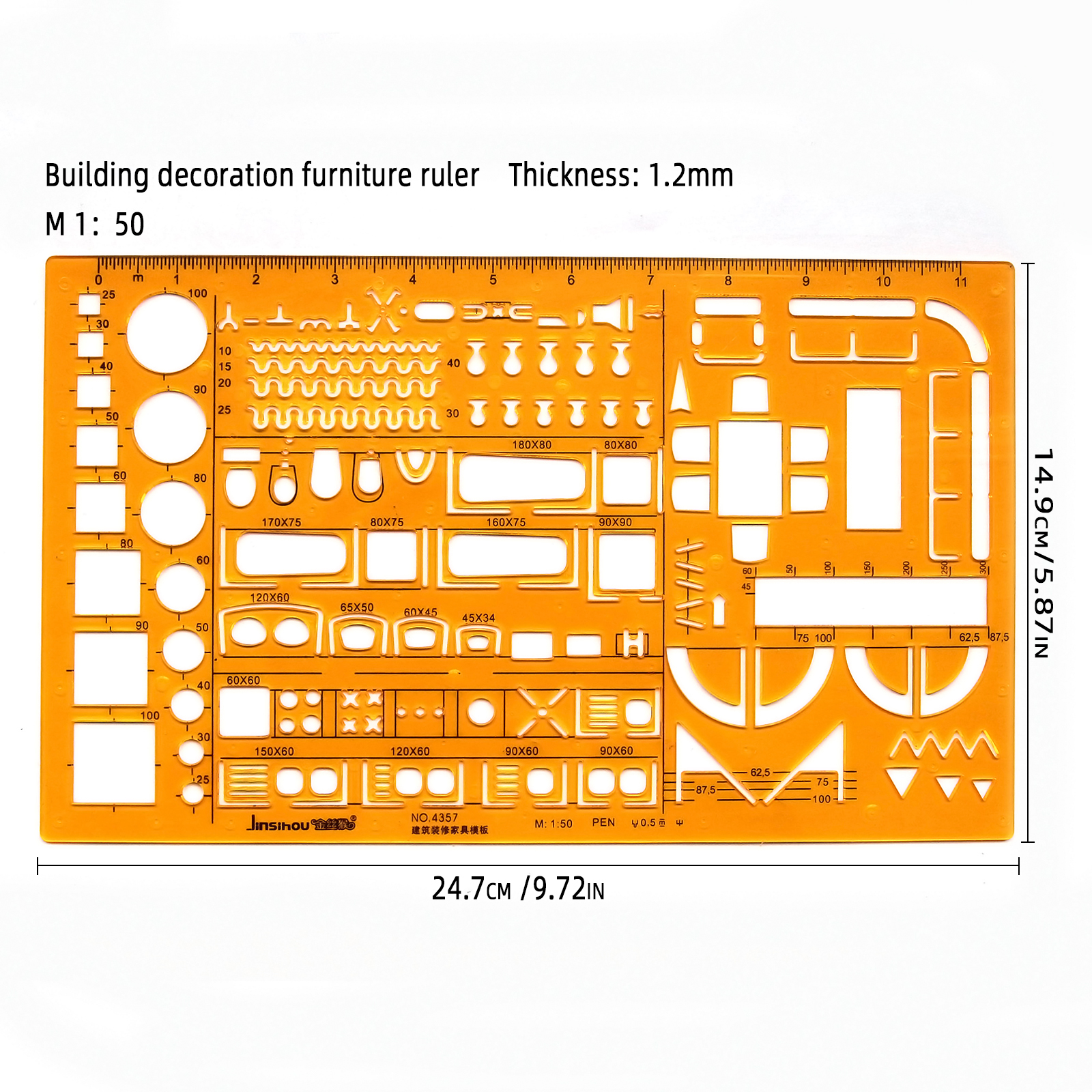 Circular oval ruler durable K Resin drawing furniture architect template drafting ruler template measuring ruler: Orange