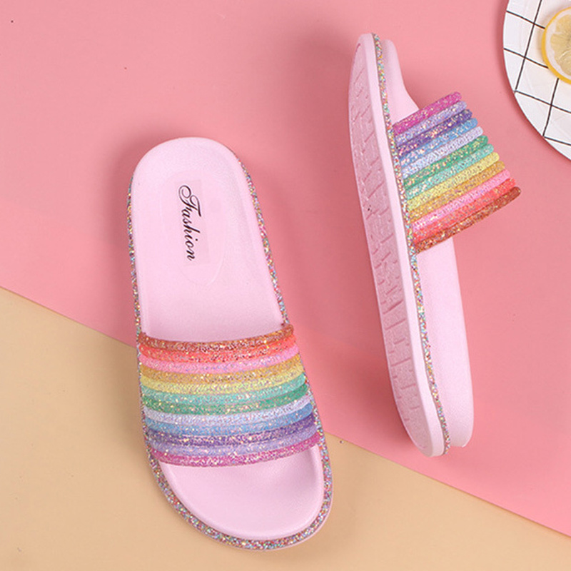 Regenboog Platte Slippers Vrouwen Bling Kleurrijke Zomer Schoenen Antislip Zachte Outdoor Strand Meisjes Slides Thuis Schoenen Dames Sandaal