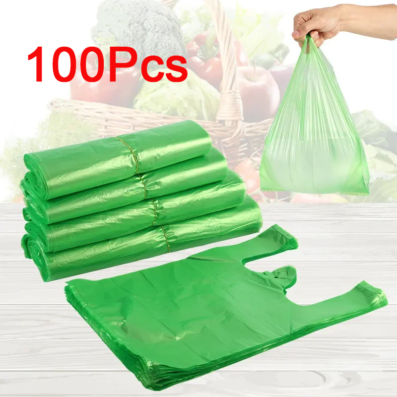 100PCS Green Plastic Packaging Bags with Handle Vest Bag Supermarket Grocery Shopping Bag Thicken Food Kitchen Home Storage