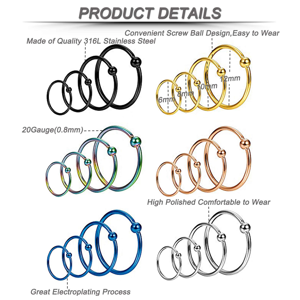 1 Stuks 16G 20G Roestvrij Staal Neusringen Hoepel Kraakbeen Helix Oor Piercing Tragus Lichaam Sieraden Voor Vrouw Man 6Mm/8Mm/10Mm/12Mm