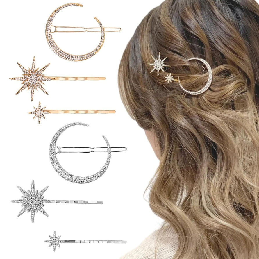 Horquillas laterales de cristal para mujer, pasadores de Metal para el cabello, accesorios para el cabello para niña, conjunto de Clips de diamantes de imitación con estrellas y Luna, horquillas de estrella