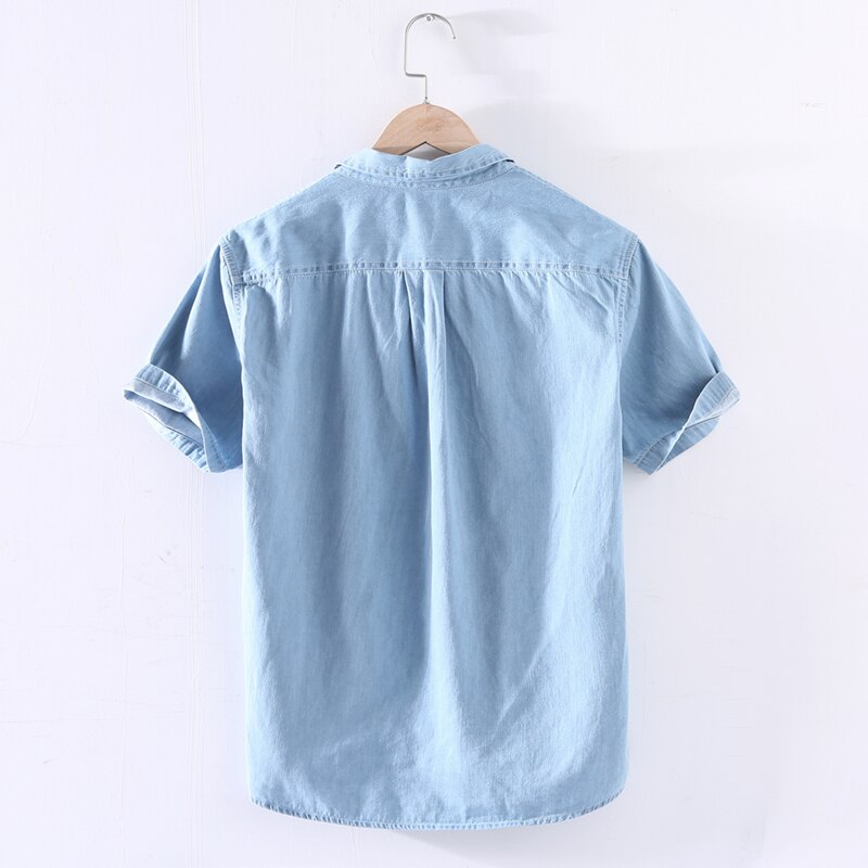 Camisas vaqueras azules para hombres, camisas delgadas de manga corta, de buena , Algodón puro, Tops informales de vaquero, ropa de verano