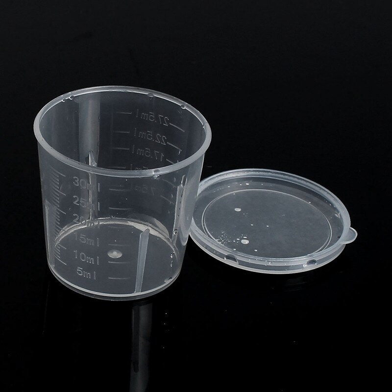 Lote de 10 unidades de botellas de laboratorio graduadas de plástico, prueba de laboratorio, medición de 30ml, recipientes, tazas con tapa, tazas de plástico para medir líquidos