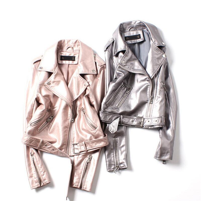 European Station Silver Female Pu Washing Machine Leather Jacket Coats Autumn Winter Belt Leather Jacket White Gold Color