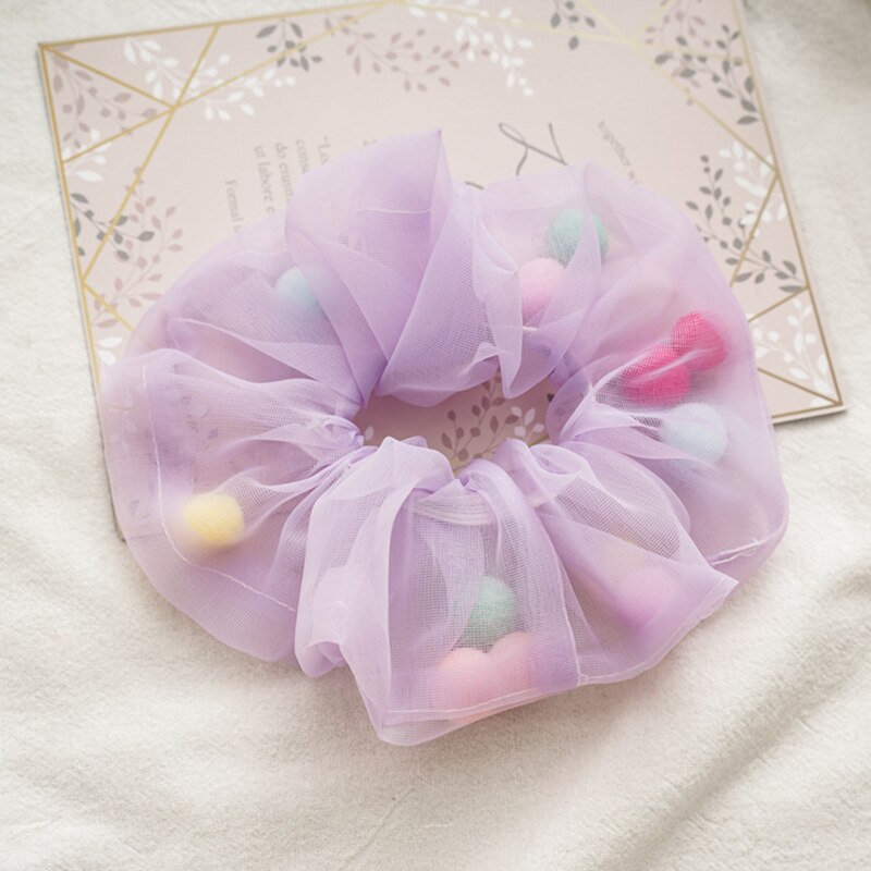 Vrouwen transparante tule kleurrijke haaraccessoires organza met bol net garen mesh scrunchie elastische haarbanden paardenstaarthouder: Paars 