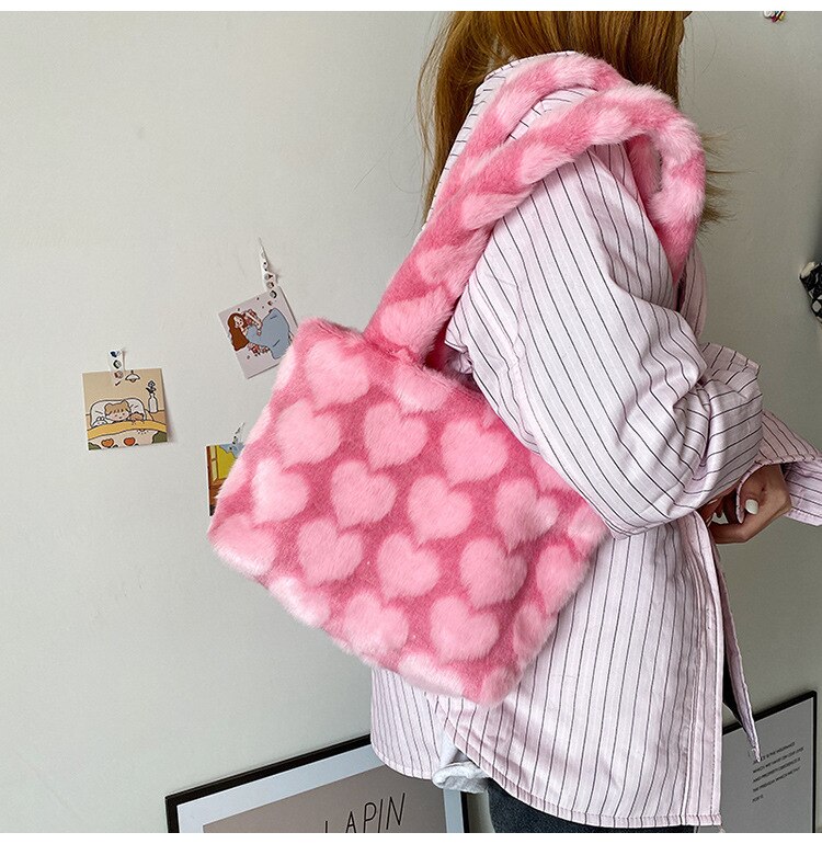Winter Mode Vrouwen Furry Purse Handtassen Leuke Zachte Pluche Dames Grote Schoudertassen Luxe Faux Fur Vrouwelijke Meisjes Casual Tote