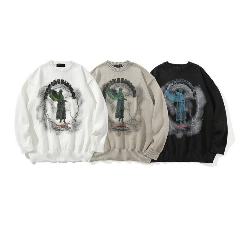 Herfst- en wintertrui voor heren, ronde hals, originele high street donkere graffiti engel print trui