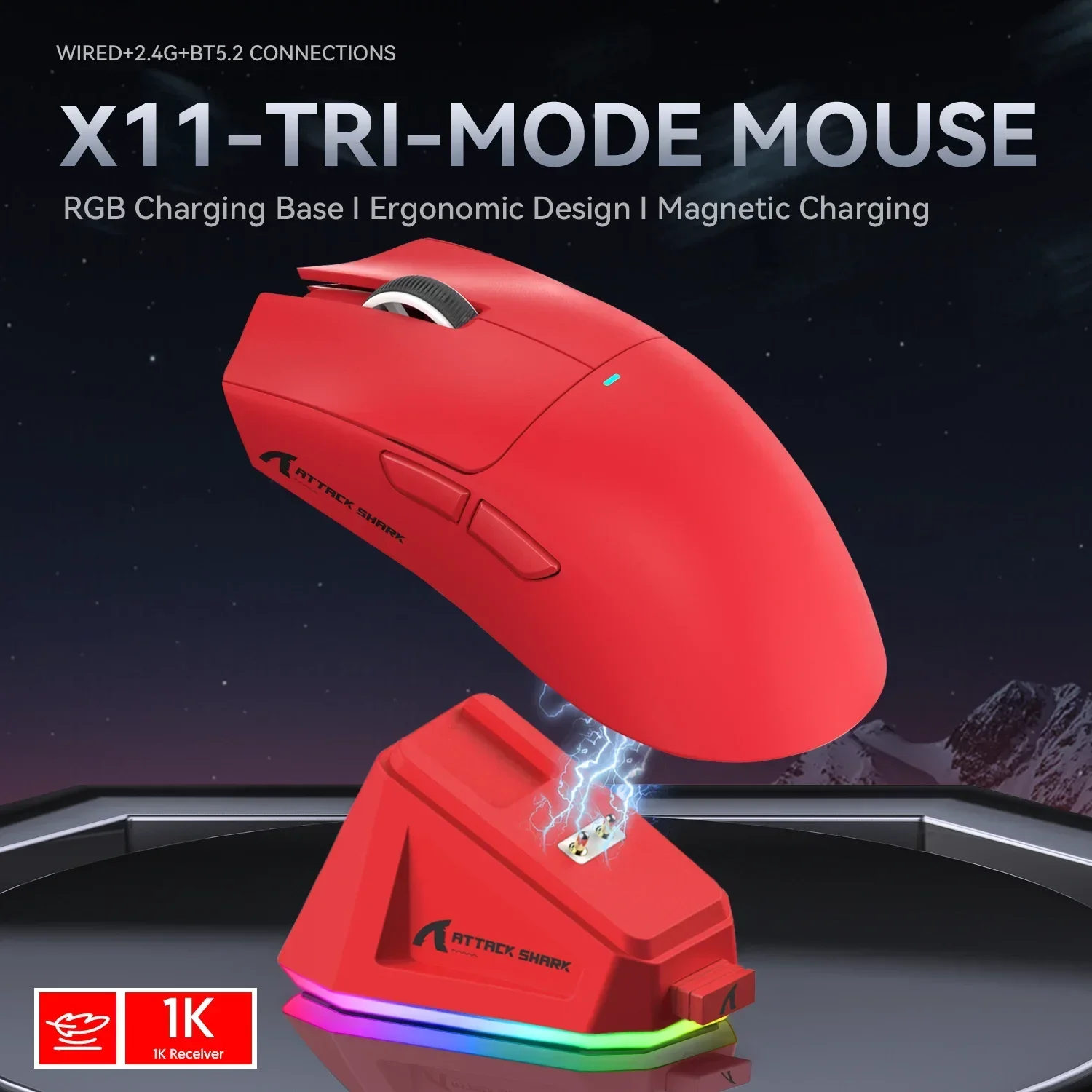 Attack Shark X11 Tri Mode PAW3311 2.4G-Gaming Mouse Magnetic Rechargeable Connectivity Ultra-Light Wireless E-sports for PC-LAP: Red