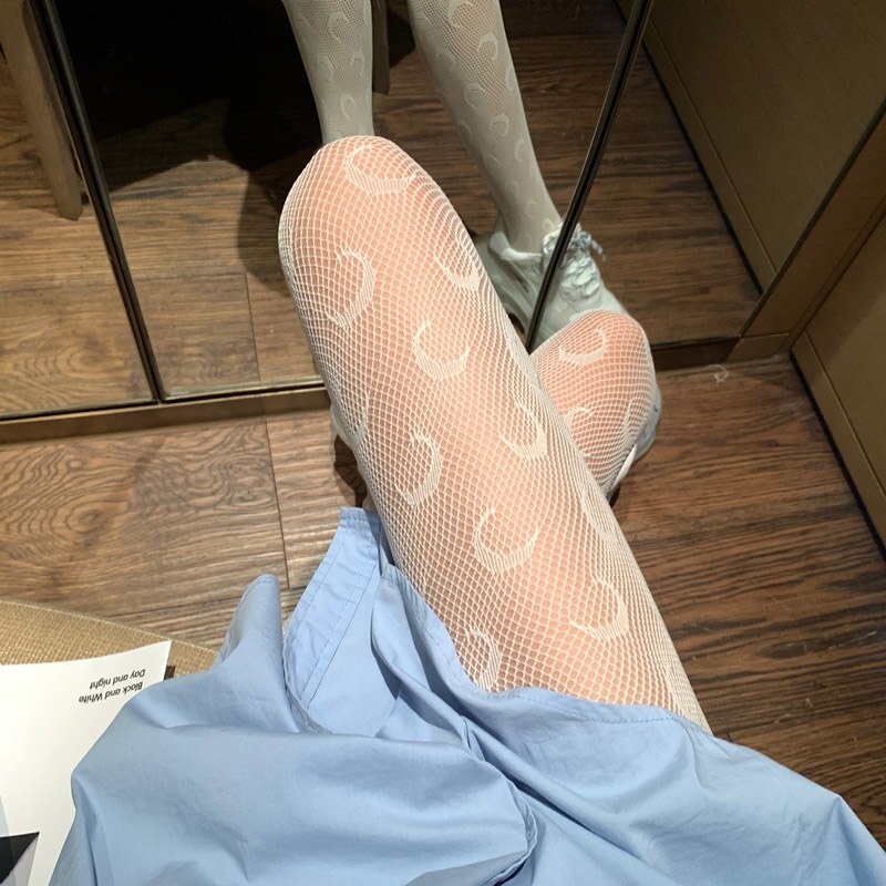 Sexy Hollow Fishnet Stockings Moon Printing Summer Nylon Women Pantyhose White Black Seamless Lady Tights Hosiery