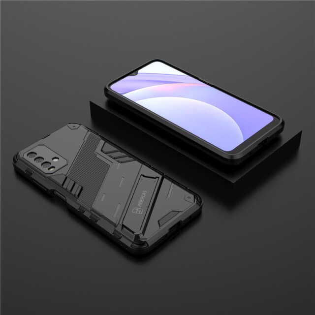 Voor Xiaomi Redmi 9 T Case Armor Shockproof Bescherming Cover Voor Xiaomi Redmi 9 T 9 T Redmi9T Standhouder robuuste Siliconen Coque: black