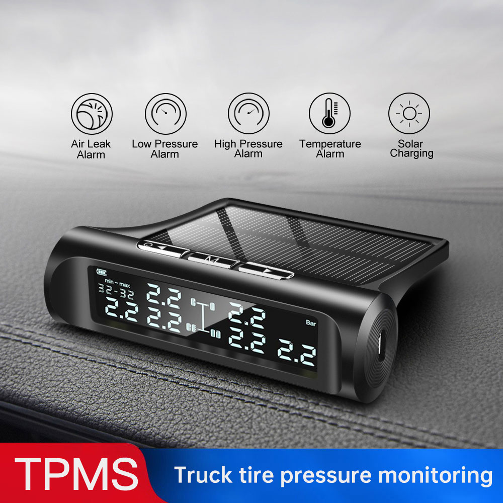Auto Vrachtwagen Bandenspanningscontrolesysteem 14 Bar Lcd-scherm Vrachtwagen Tpms Solar Bandenspanning Real-Time Alarm 6pcs Externe Sensor
