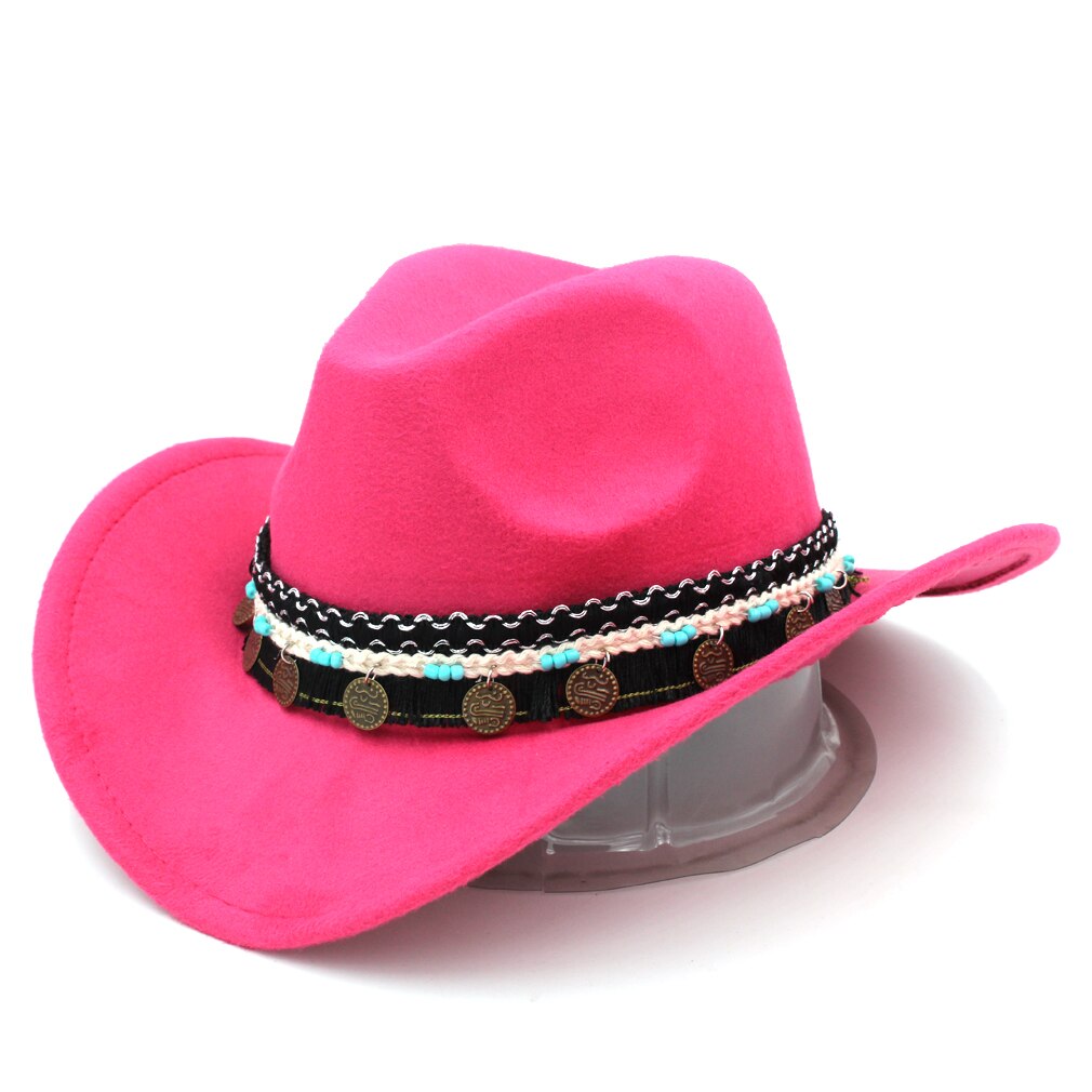 Mistdawn mænd kvinder uld bred skygge western cowboy hat cowgirl kostume kasket størrelse 56-58cm bbc: Rosenrød