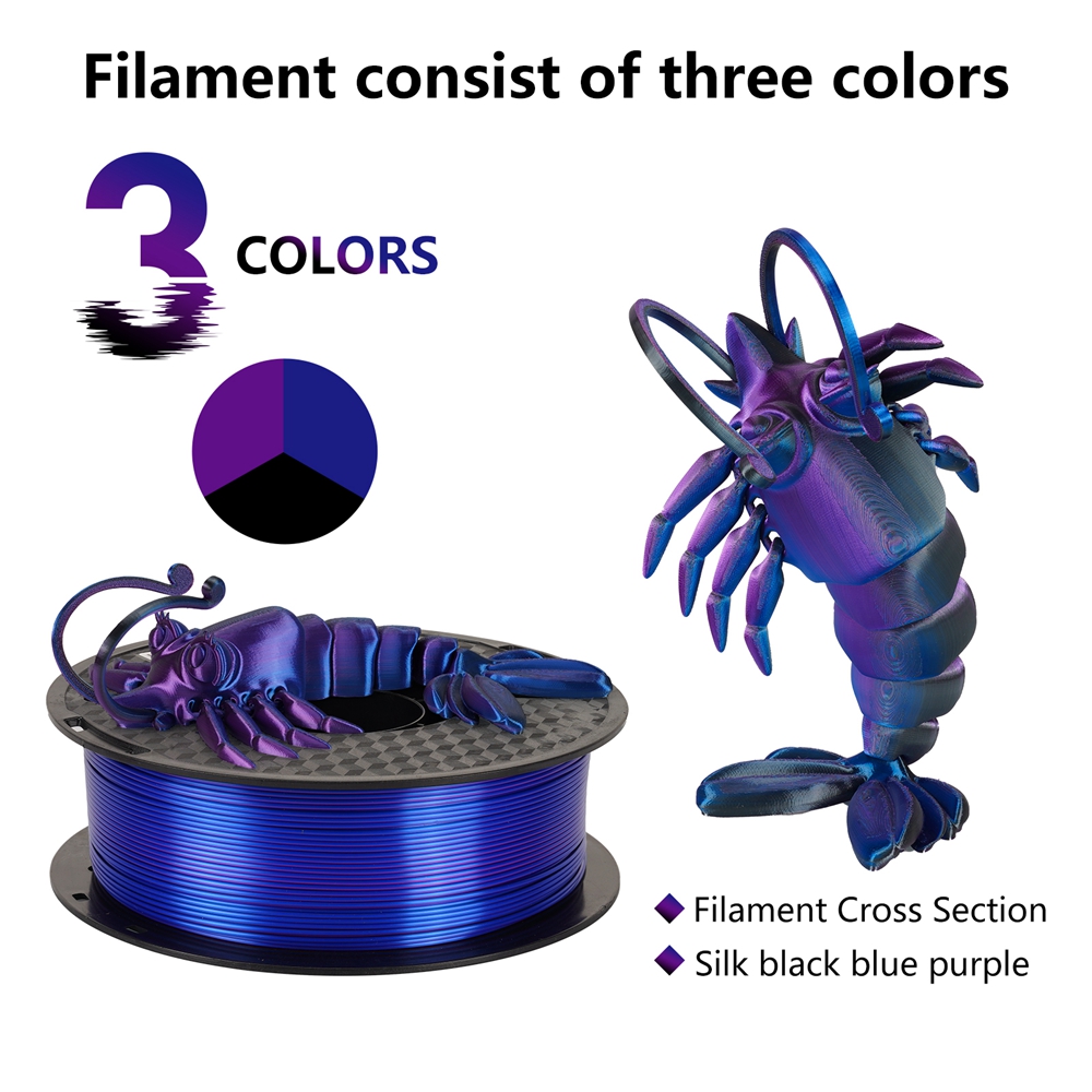 KINGROON-filamento de seda PLA de coextrusión tricolor, carrete de 1,75mm, 1KG (2,2 libras), plástico PLA de Triple color para impresora 3D y bolígrafo 3D