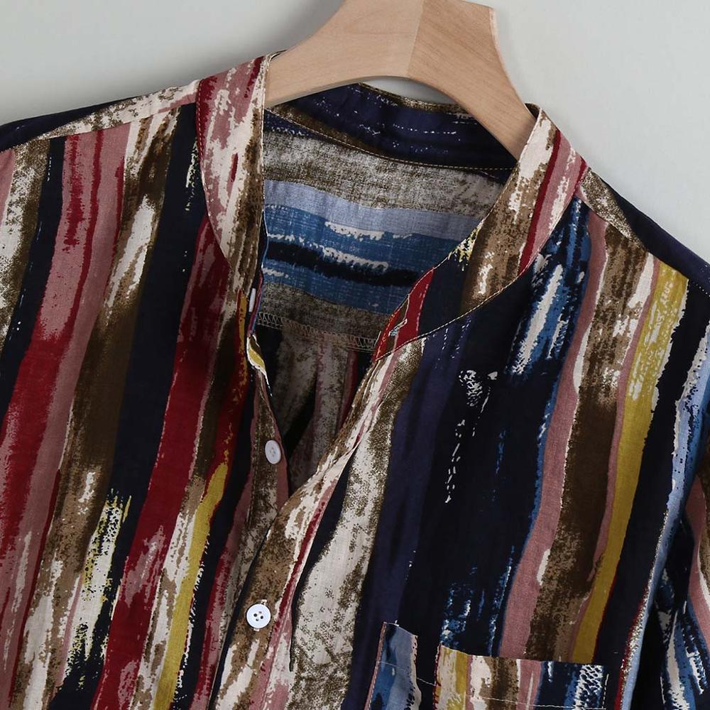 Heren Zomer Mode Stand Kraag Strip Print Korte Mouw Top Katoenen Shirt Paar Losse Fit Hawaii Ademend Snel Droog