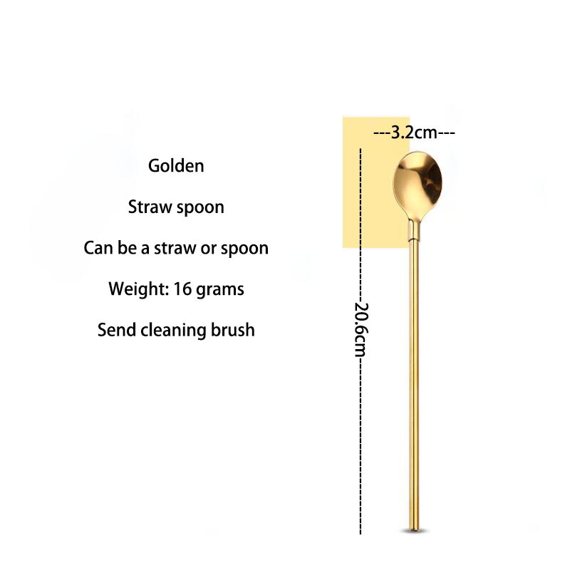 Stainless steel reusable western food straw spoon tableware dualuse dessert soup spoon cola drink straw ice spoon stirring spoon
