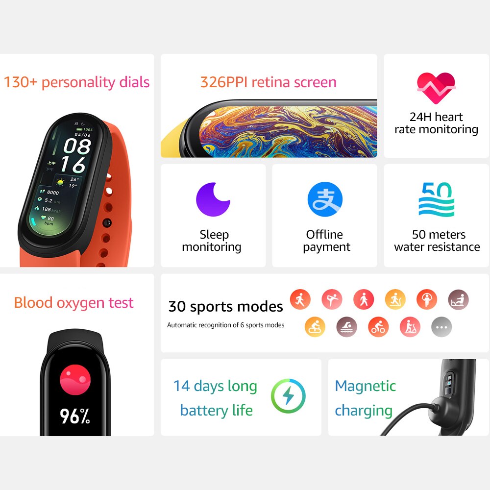 Xiaomi Mi Band 6 Clever Band AMOLED Bildschirm Miband 6 Blut Sauerstoff Fitness Traker Clever Armbinde Bluetooth Wasserdichte PK Mi Band 5