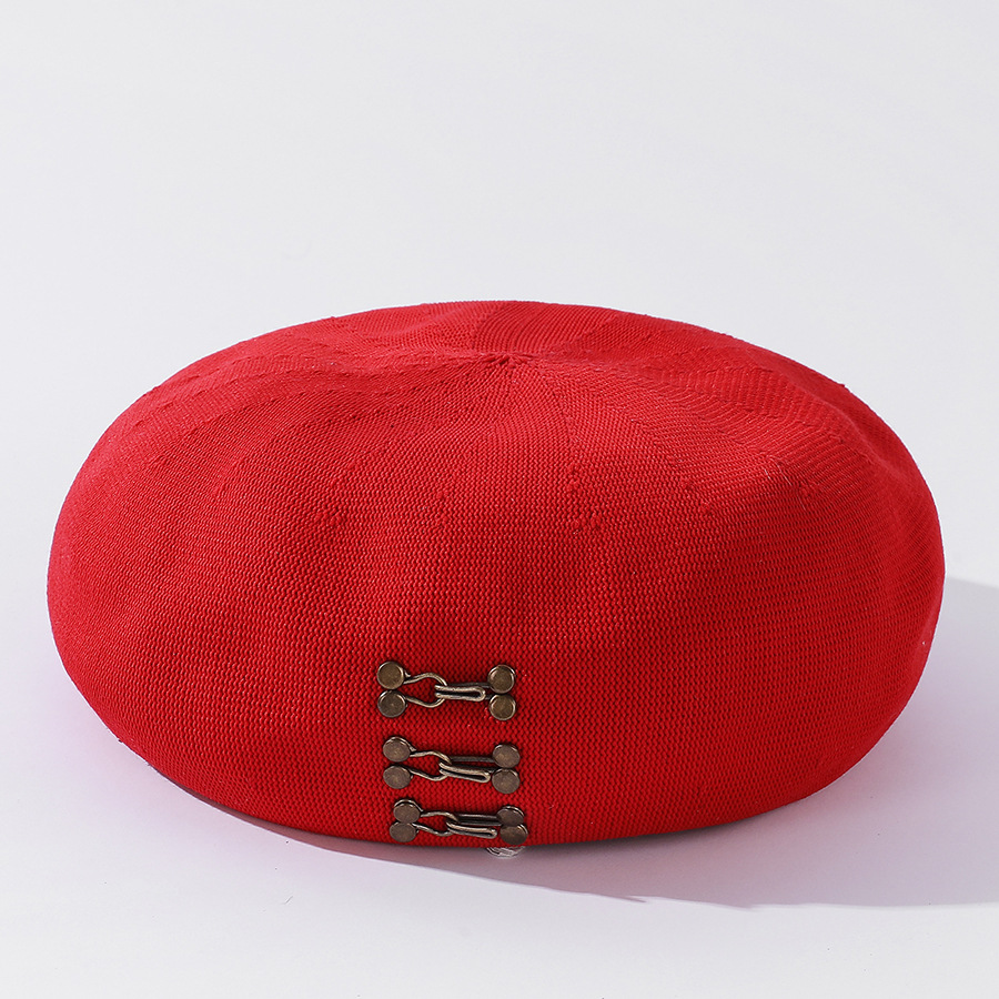 Boinas de mezcla de algodón con hebilla de cobre para mujer, boina con hebilla de cobre para Primavera, gorrito de artista para esquiar, gorros de pintor para niña: Rojo