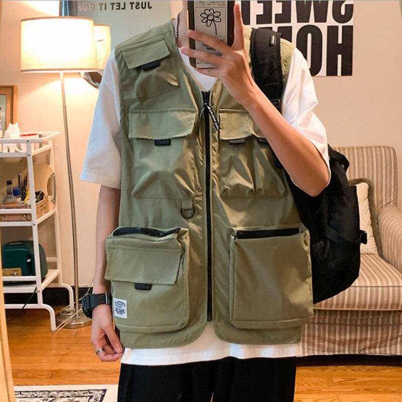 Autumn Mens Tooling Vest Men Streetwear Cargo Vest Hip Hop Sleeveless Jacket Korean Gilet Multi-Pocket Outdoor Coat: Army Green / Asian M
