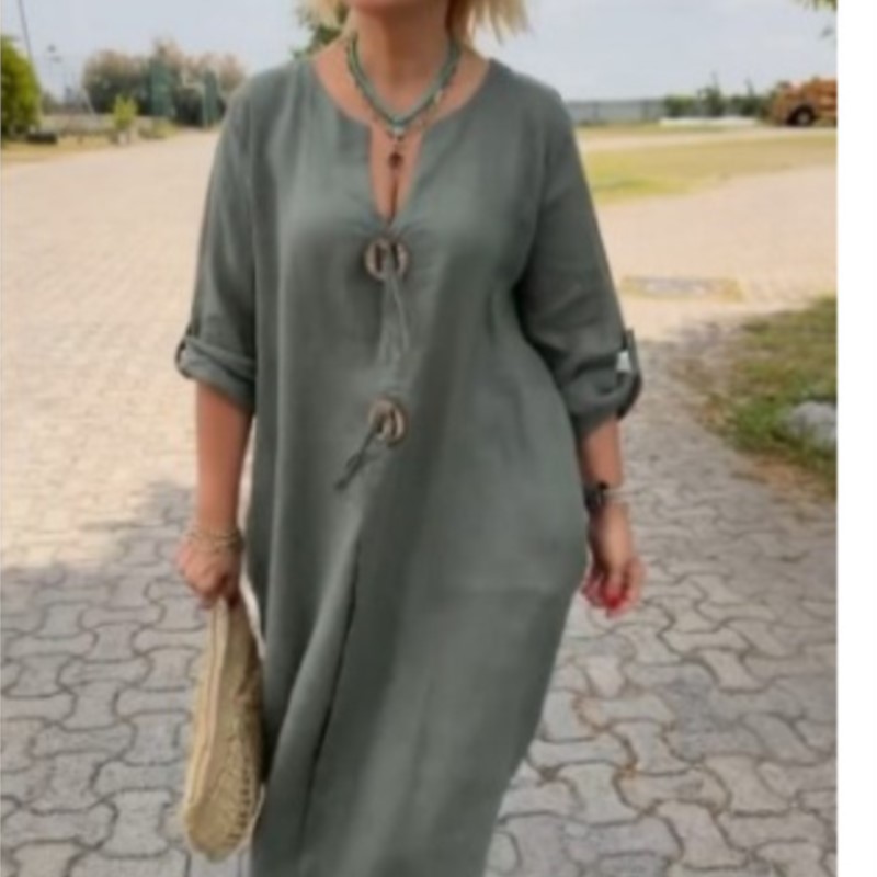 Efterår ensfarvede maxikjoler til kvinder afslappet løs langærmet v-hals knap streetwear ferie basiskjole vesti elegant