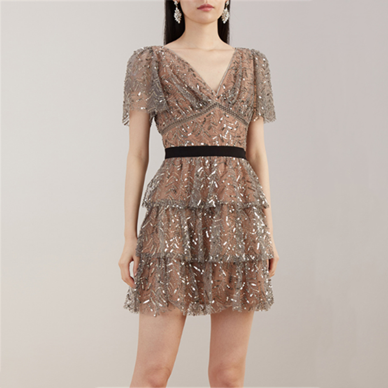 Jsxdhk 2024 neue Landebahn Frauen Gittergewebe Pailletten Party kleid elegante Frauen runden Kragen Kurzarm Rüschen sexy V-Ausschnitt lange Vestidos
