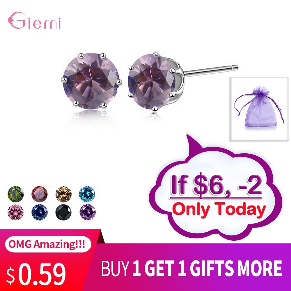 Cubic Zirconia CZ Stone 6MM Jewelry Stud Earrings 925 Sterling Silver Earrings Women 20 Colors: Color15