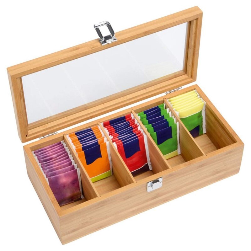 Duurzaam Bamboe Houten Tea Box Storage Organizer Met 5 Vakken