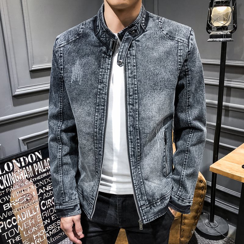 men's jacket retro denim jacket men's trend Slim solid color casual jacket men's denim jacket