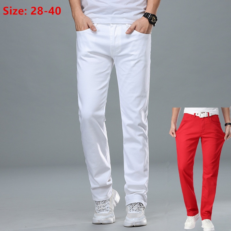 Witte Jeans Mannen Plus Size 36 38 40 Losse Oversized Rode Broek Uitgerekt Denim Mens Casual Slim Fit Straight Elastische man Broek