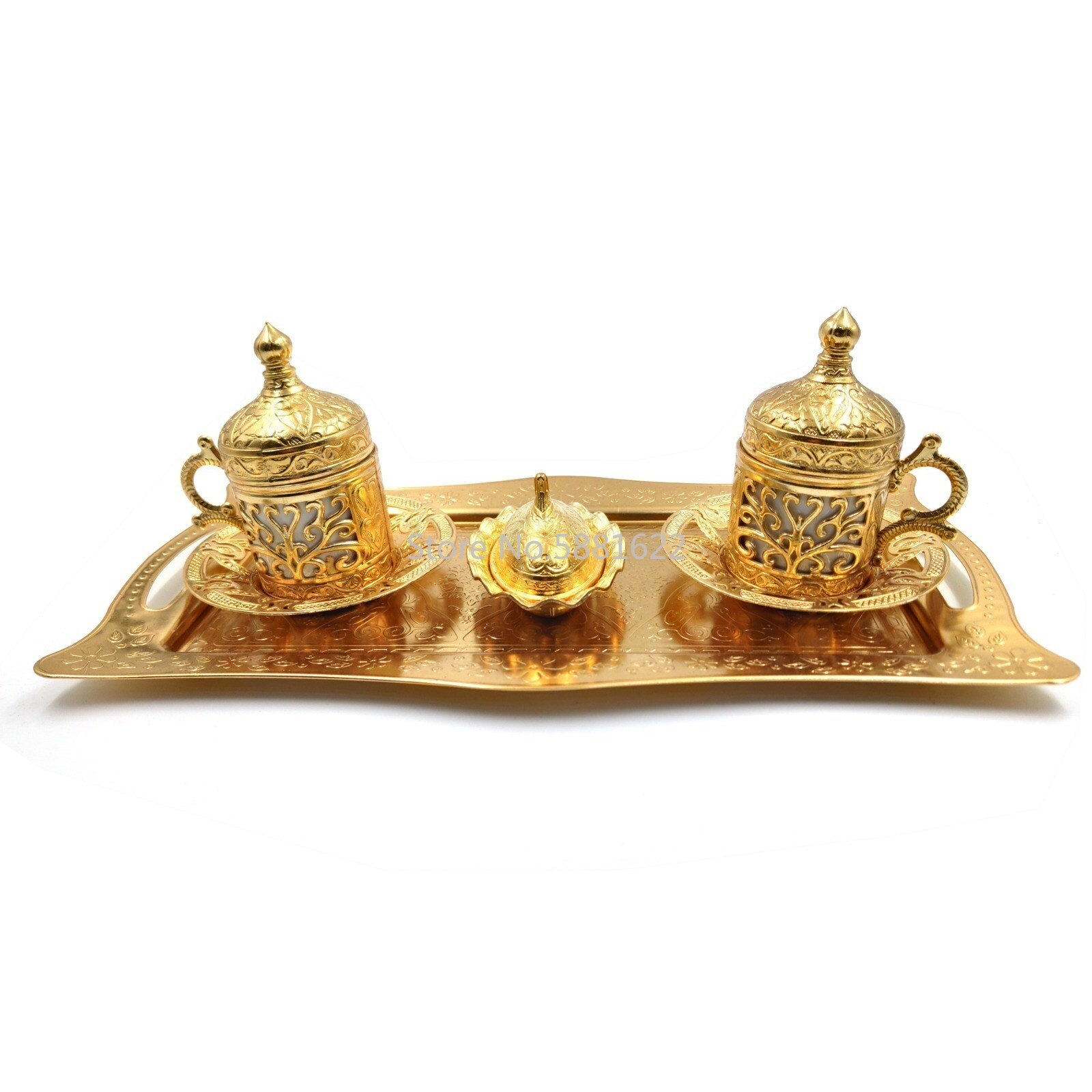 Handgjord klöver turkisk grekisk arabisk kaffe espresso serveringssats för 2, koppar fat fat lock glädje sockerrätt