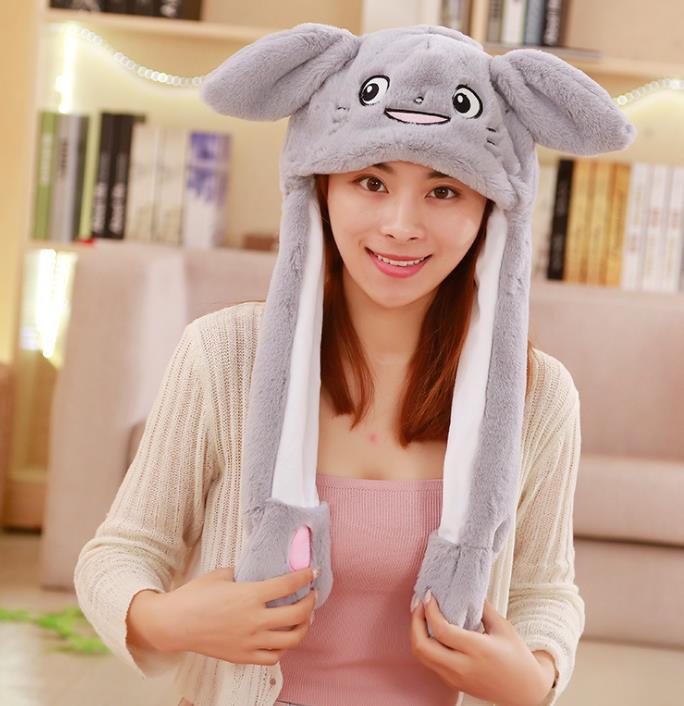 Girls Animals Ear Moving Jumping Hats Children Women Warm Plush Rabbit Winter Caps Kids Cute Bunny Fuzzy Pinch Airbag Funny Hats