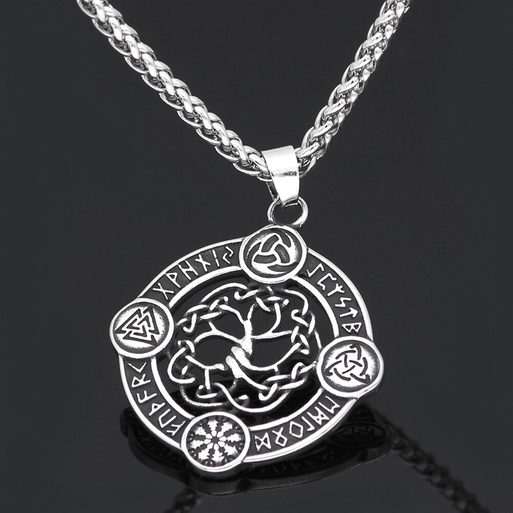 Stainless Steel Vintage Odin Triangle Geometry Rune Luna Pattern Tree of Life Pendant Necklace Jewelry For Men