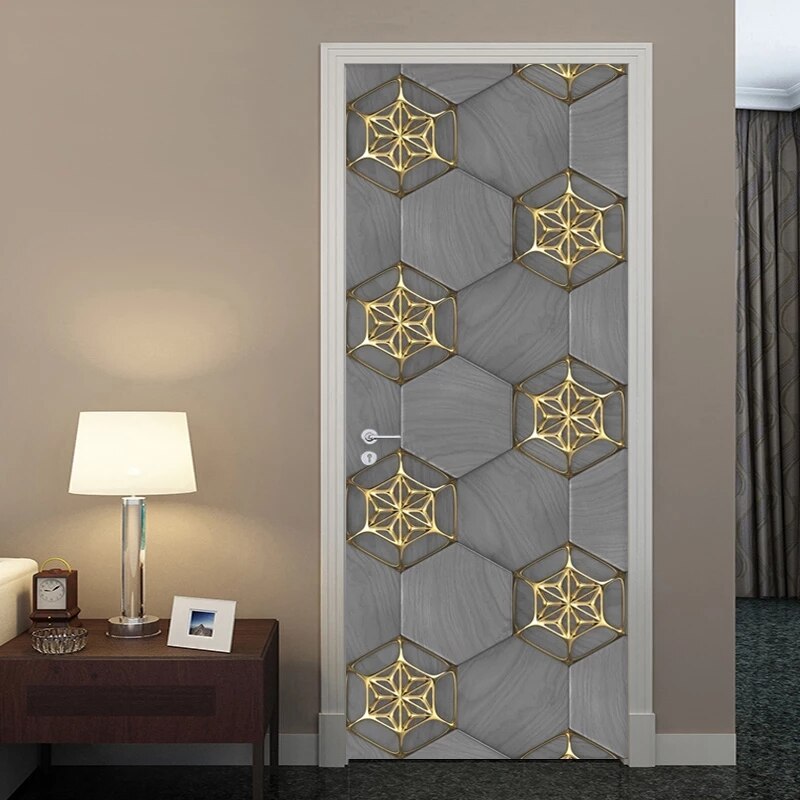 3D Wall Door Sticker Modern Stereo Golden Abstract Geometric Wallpaper Living Room Study Door Decal Pvc Self-Adhesive 3D Sticker
