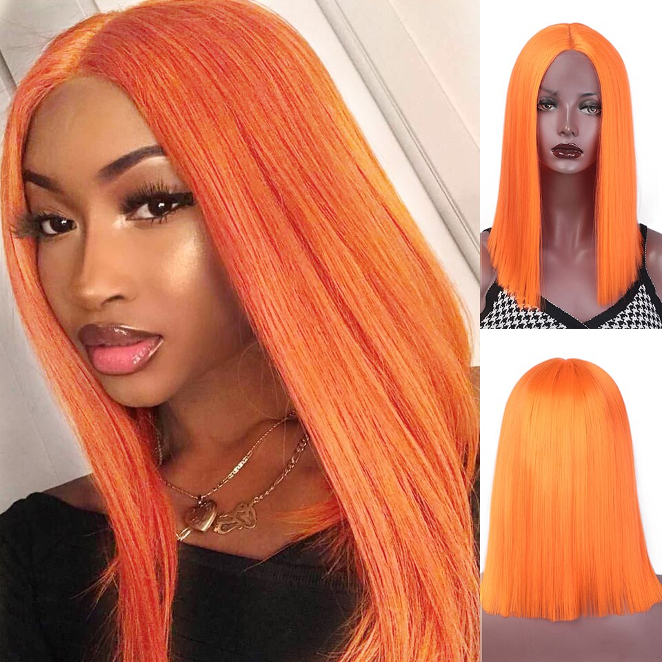 Ik Een Pruik Korte Rechte Synthetische Lace Front Pruik Blonde Roze Zwart Kant Pruiken Voor Zwarte Vrouwen Natuurlijke Pruiken: orange